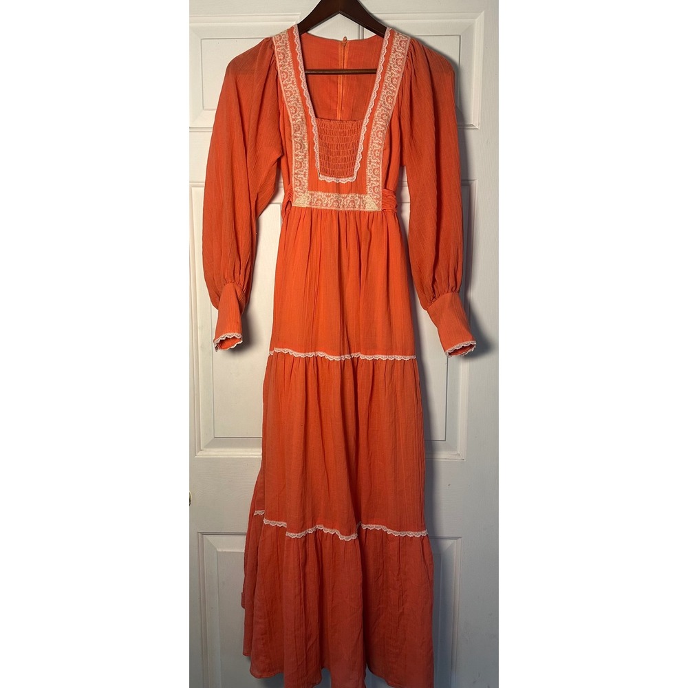 JODY T OF CALIFORNIA Vintage 1970's Sz 5 Long Sleeve Orange Maxi Prairie‎ Dress
